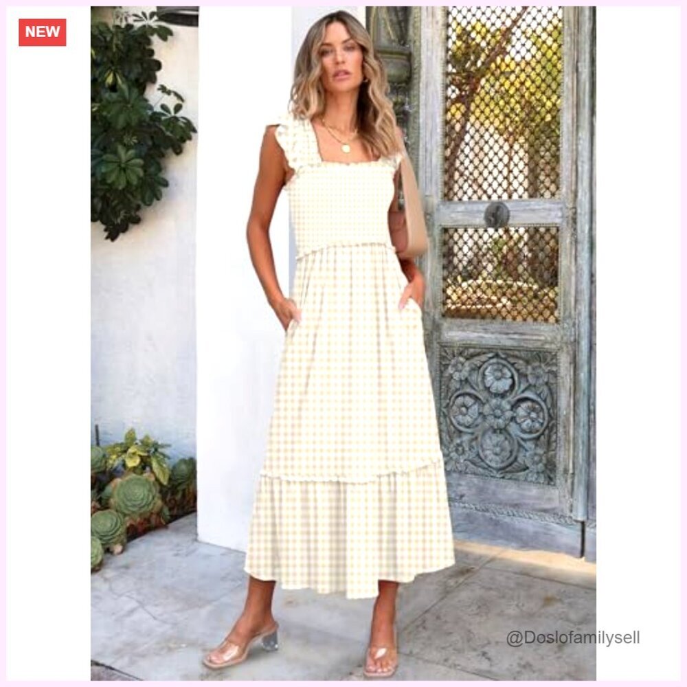 Sleeveless Maxi Dress Square Neck Smocked Boho Casual Ruffle Strap Flowy - Picture 3 of 7